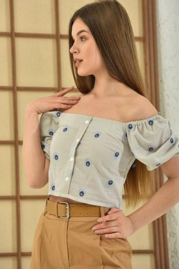 Omzu Açık Puantiyeli Bej Kadın Crop Bluz - 3
