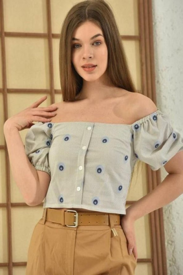 Omzu Açık Puantiyeli Bej Kadın Crop Bluz - 4
