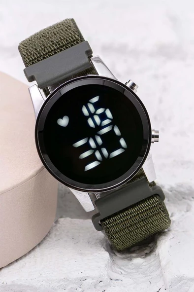 Haki Yeşil Cırtlı Yapışır Kordon Unisex Erkek Yetişkin Çocuk Dijital Saat ST-304058 - 5