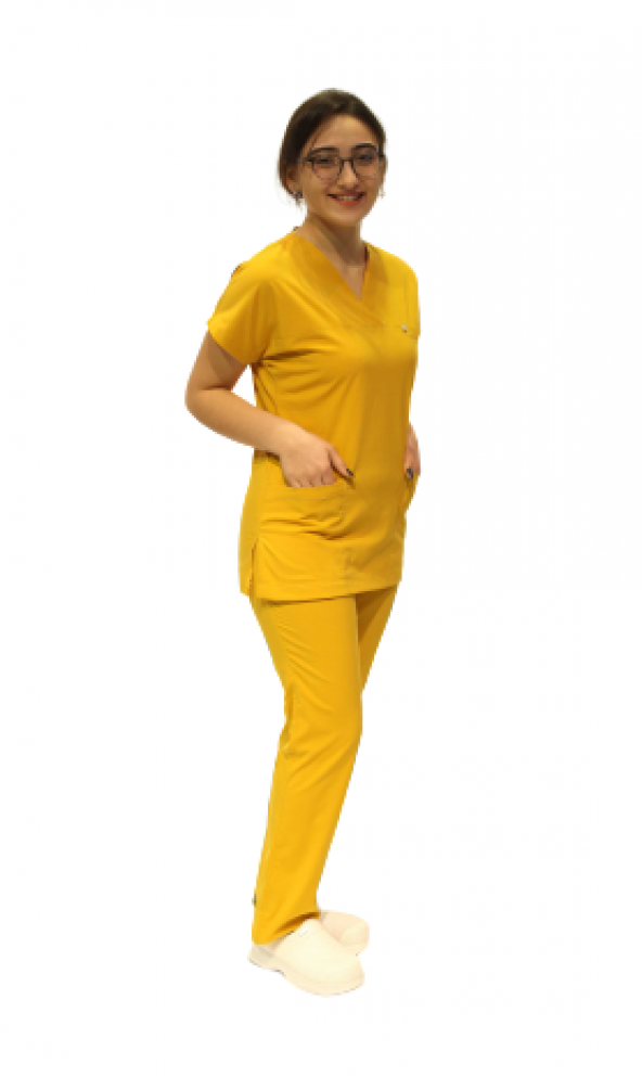 Doktor Hemşire Likralı Sarı Yarasa Kol Cerrahi Takım