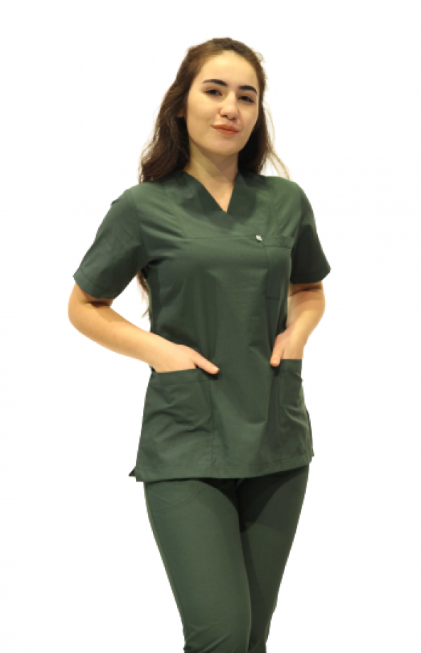 Doktor hemşire Haki Renk Zarf Yaka Takma Kol Cerrahi Takım - 2