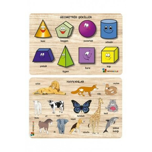 2'li Set Ahşap Eğitici Öğretici Yapboz Hayvanlar-geometrik şekiller
