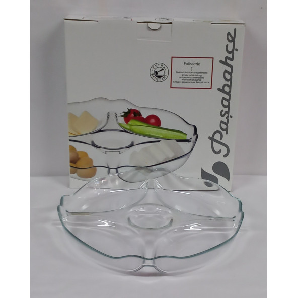 PAŞABAHÇE/ 5 BÖLMELI KAHVALTILIK ve ÇEREZLIK CAM TABAK GENİŞLİK 25 25 CM DERİNLIK 4 CM