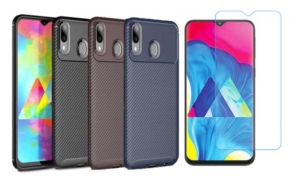 Samsung Galaxy M20 Kılıf Regnor Antişok Carbon Silikon Kapak + Cam