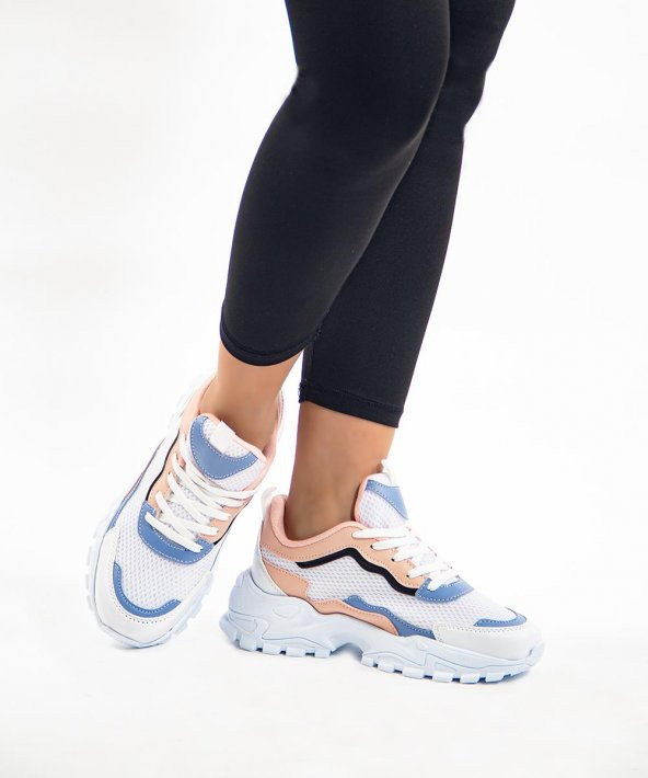 304 Mavi&Pembe Detaylı Kadın Sneaker Beyaz