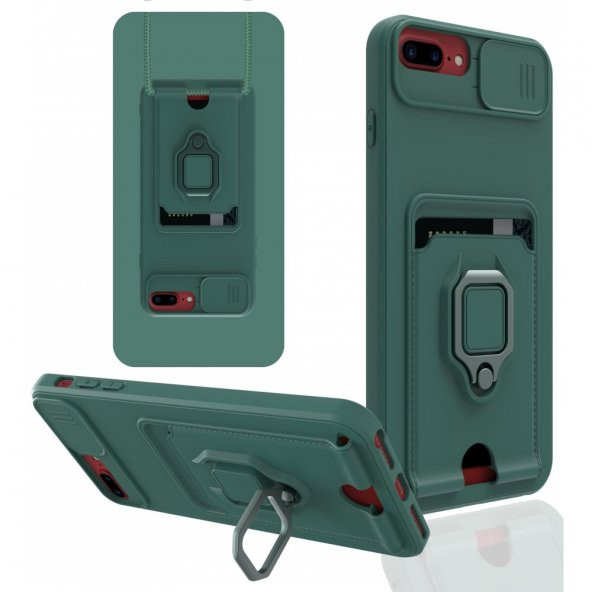 Kupa Apple iPhone 8 Plus Kılıf Kamera Korumalı Slayt Sürgülü Stand Mıknatıslı Kartlık Silikon Kapak