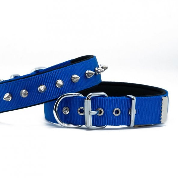 Doggie Konforlu Dokumadan El Yapımı Çivili Köpek Boyun Tasması 3x47-55cm Royal Mavi/