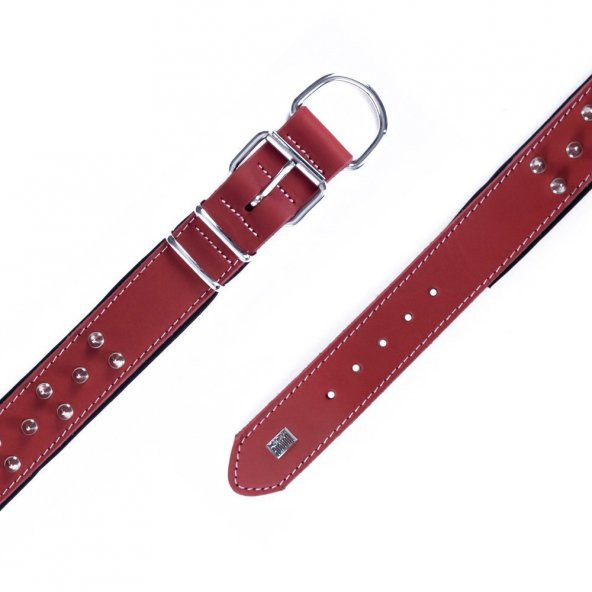 Doggie Çift Kat Gerçek Deriden El Yapımı Çivili Köpek Boyun Tasması 4x47-55cm Kırmızı - 4
