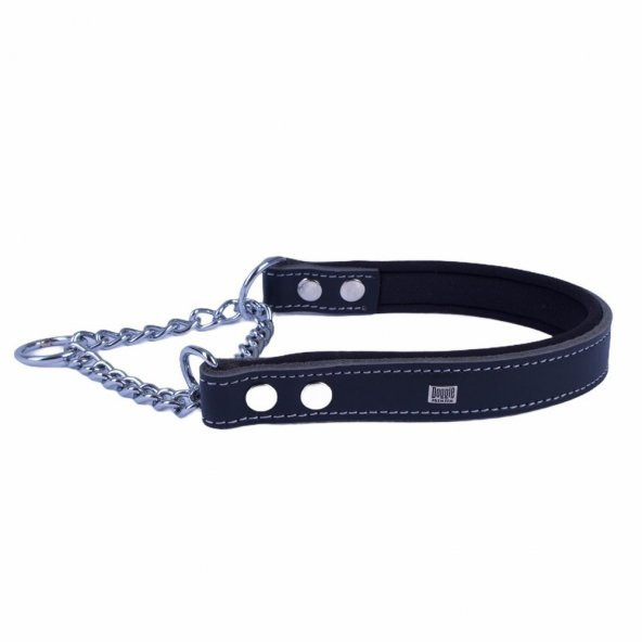Doggie Konforlu Gerçek Deriden El Yapımı Boğma Zincirli Köpek Boyun Tasması 2,5x45-55cm Siyah