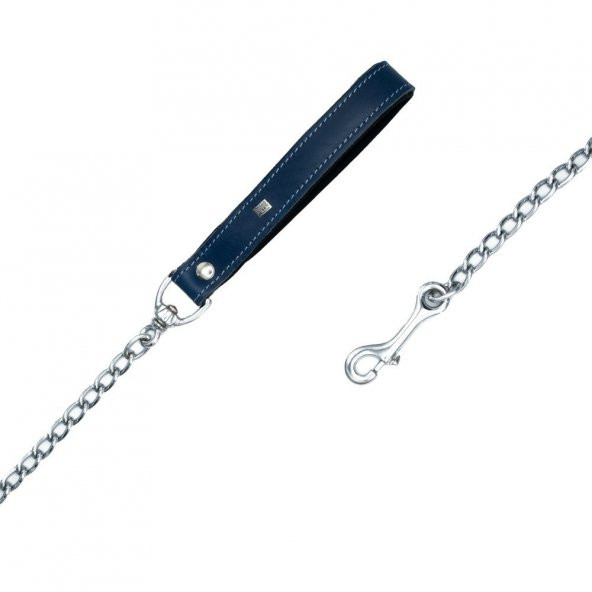 Doggie Konforlu Gerçek Deriden El Yapımı Zincirli Köpek Gezdirme Kayışı 4,5x80cm Royal Mavi - Resim 2
