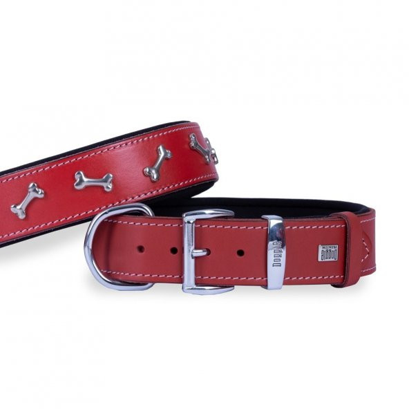 Doggie Konforlu Gerçek Deriden El Yapımı Kemik Süslü Köpek Boyun Tasması 4x57-65cm Kırmızı