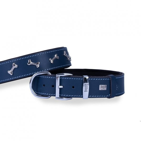 Doggie Konforlu Gerçek Deriden El Yapımı Kemik Süslü Köpek Boyun Tasması 4x47-55cm Royal Mavi