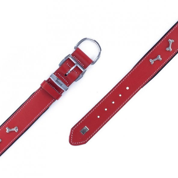 Doggie Konforlu Gerçek Deriden El Yapımı Kemik Süslü Köpek Boyun Tasması 4x52-60cm Kırmızı - 4