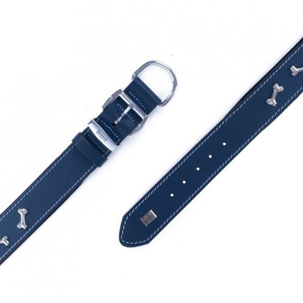 Doggie Konforlu Gerçek Deriden El Yapımı Kemik Süslü Köpek Boyun Tasması 4x47-55cm Royal Mavi - Resim 4