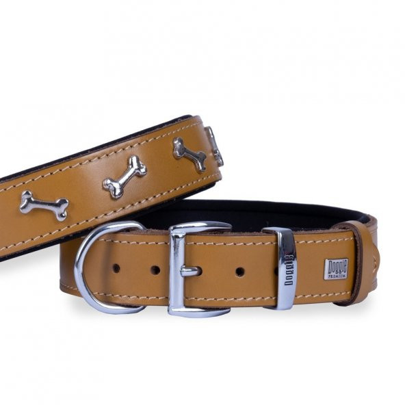 Doggie Konforlu Gerçek Deriden El Yapımı Kemik Süslü Köpek Boyun Tasması 3,5x47-55cm Camel