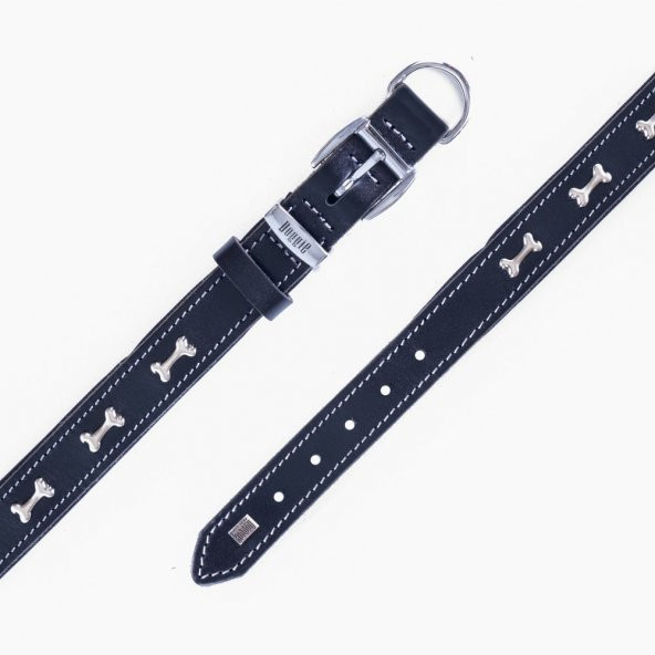 Doggie Konforlu Gerçek Deriden El Yapımı Kemik Süslü Köpek Boyun Tasması 2,5x37-45cm Siyah - Resim 4