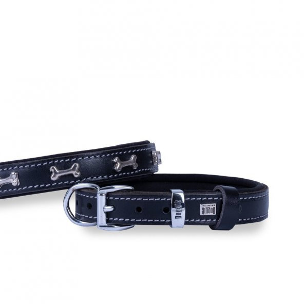 Doggie Konforlu Gerçek Deriden El Yapımı Kemik Süslü Köpek Boyun Tasması 2x35-40cm Siyah