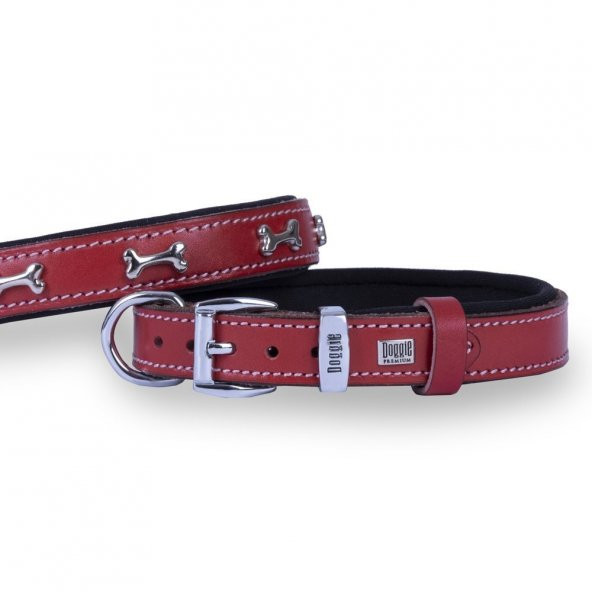 Doggie Konforlu Gerçek Deriden El Yapımı Kemik Süslü Köpek Boyun Tasması 2x30-35cm Kırmızı