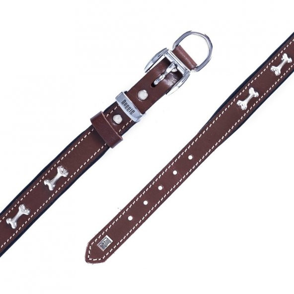 Doggie Konforlu Gerçek Deriden El Yapımı Kemik Süslü Köpek Boyun Tasması 2x30-35cm Kahverengi - 4
