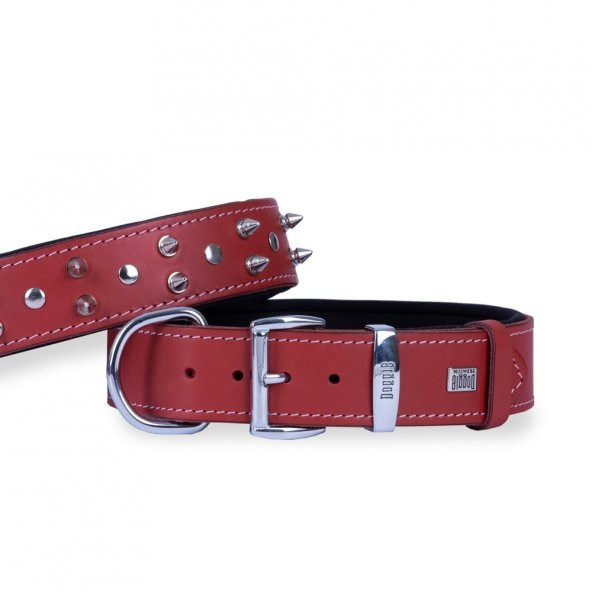 Doggie Konforlu Gerçek Deriden El Yapımı Çivili Köpek Boyun Tasması 4x47-55cm Kırmızı