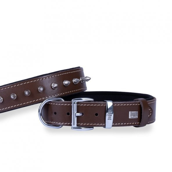 Doggie Konforlu Gerçek Deriden El Yapımı Çivili Köpek Boyun Tasması 3,5x47-55cm Kahverengi