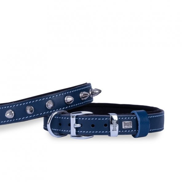 Doggie Konforlu Gerçek Deriden El Yapımı Çivili Köpek Boyun Tasması 2x35-40cm Royal Mavi