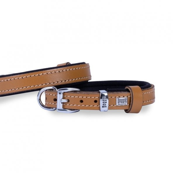 Doggie Konforlu Gerçek Deriden El Yapımı Köpek Boyun Tasması 1,5x25-30cm Camel
