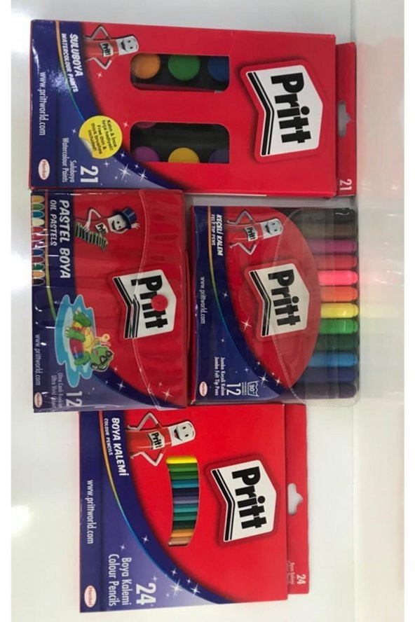 Pritt 21 Renk Suluboya -12 Renk Keçeli - 12 Renk Çantalı Pastel - 24 Renk Kuruboya (4 Lü Set)