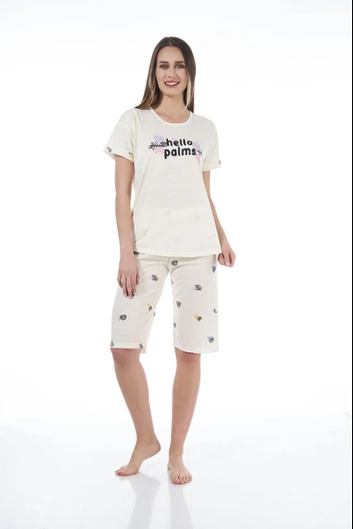 Estiva 22065 Kadın Palmiye Desenli Viskon Kısa Kollu Kaprili Pijama Takımı