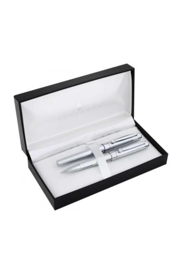 Steel Pen Takım Kalem Dolma + Tükenmez Kalem Uranus Serisi Parlak Krom Kalem Seti ürün görseli 1