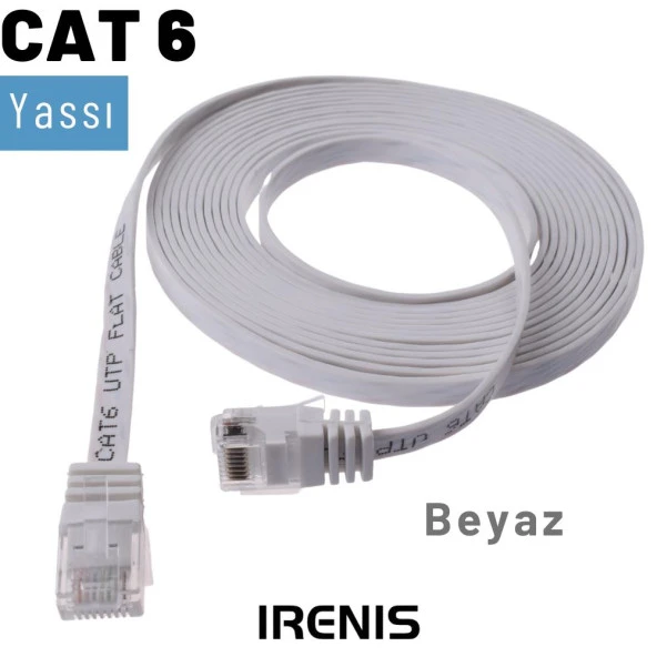 IRENIS CAT6 Kablo Yassı Ethernet Network Lan Ağ İnternet Kablosu  2 Metre Beyaz