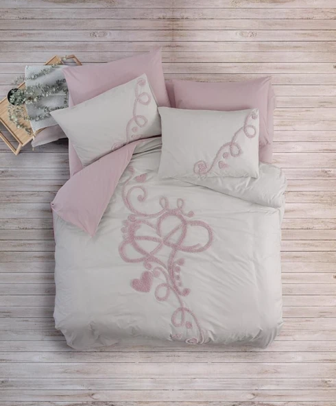 Cotton Box Puff Nakışlı Ranforce Çift Kişilik Anneler Günü Nevresim Takımı Bellini Pembe