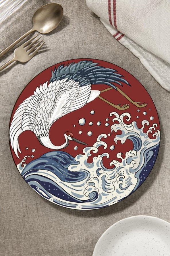 Çap 20 Cm. Kırmızı Leylek Desenli Cam Kesme Tablası - Resim 2