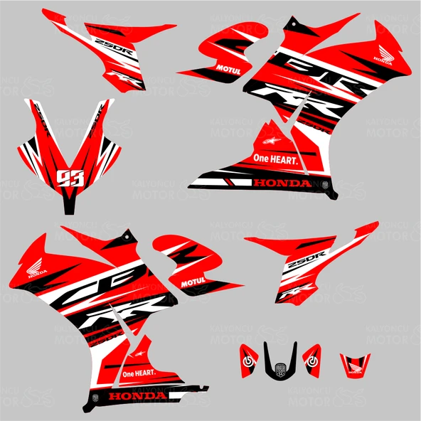 Honda CBR 250 R RR Lines Design Sticker Set Kırmızı-Siyah-Beyaz Yeni Kasa - 2