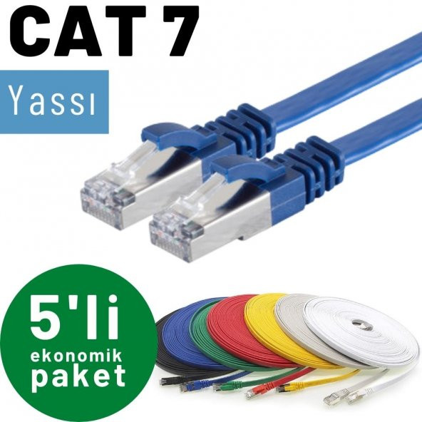 5 adet IRENIS CAT7 Kablo Yassı FTP Ethernet Network LAN Kablosu  1 Metre Kırmızı