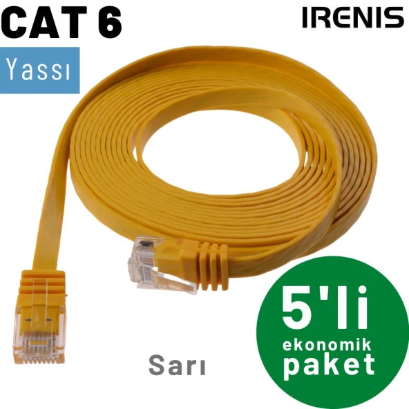 5 adet IRENIS CAT6 Kablo Yassı Ethernet Network Lan Ağ Kablosu  15 Metre Sarı