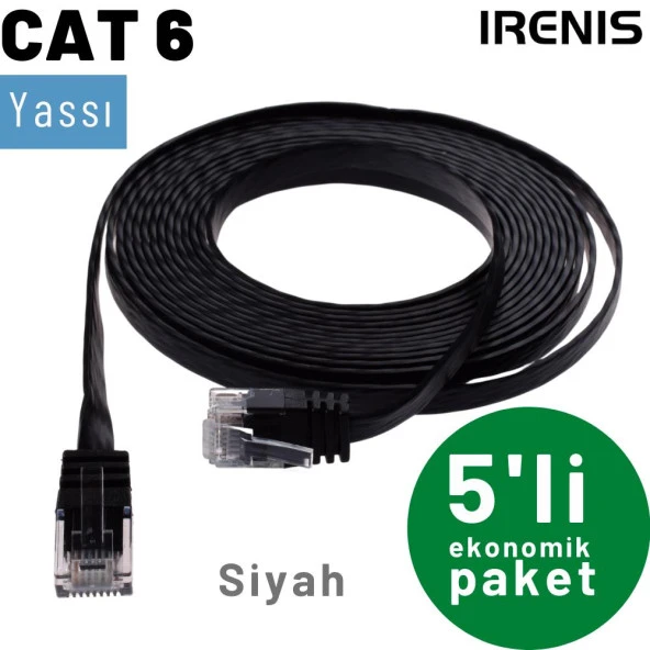 5 adet IRENIS CAT6 Kablo Yassı Ethernet Network Lan Ağ Kablosu  3 Metre Siyah