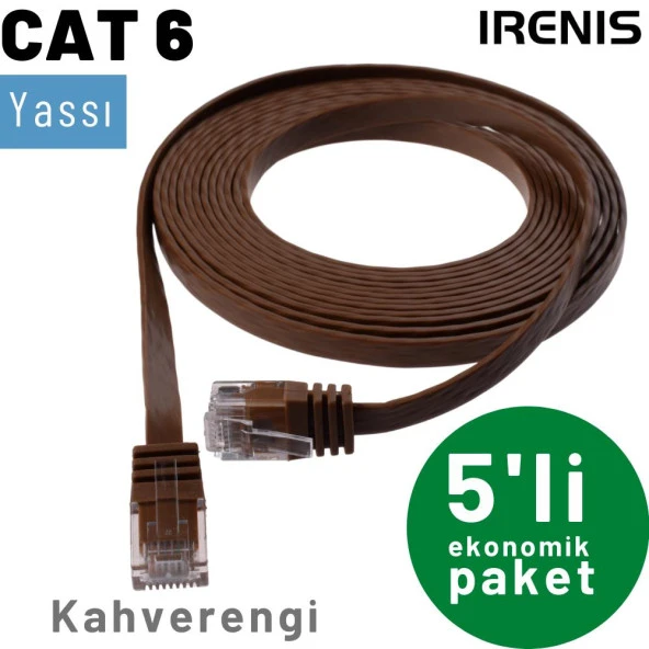 5 adet IRENIS CAT6 Kablo Yassı Ethernet Network Lan Ağ Kablosu  1 Metre Kahverengi