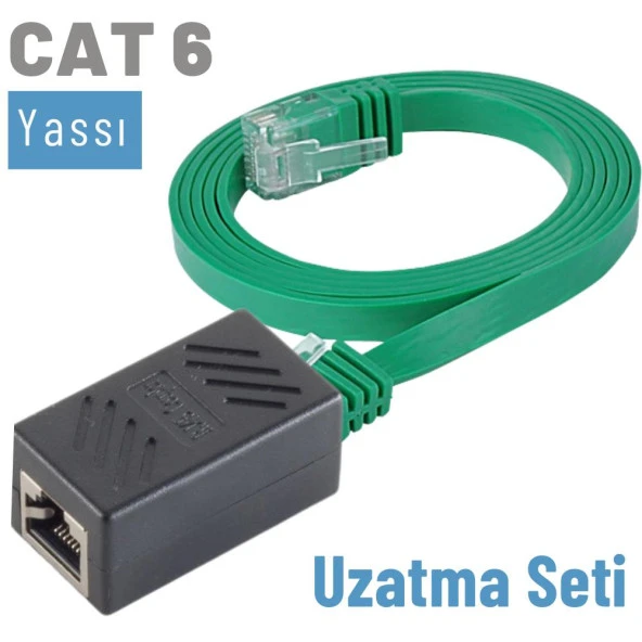 IRENIS CAT6 Kablo Uzatma Seti, Yassı Ethernet Kablo ve Ekleyici  2 Metre Yeşil