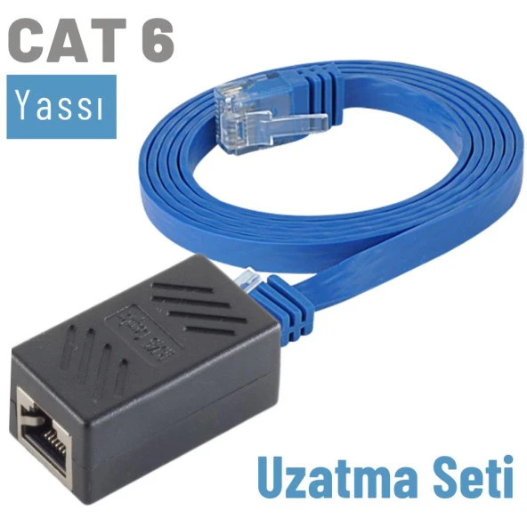 IRENIS CAT6 Kablo Uzatma Seti, Yassı Ethernet Kablo ve Ekleyici  3 Metre Mavi