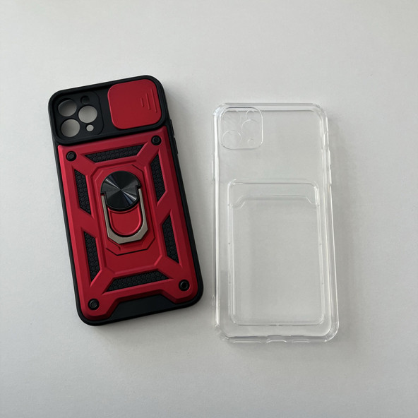 EWP Iphone 11 Pro Max Uyumlu Şeffaf Kartvizit Bölmeli Ve Kırmızı Kamera Koruyuculu Zırhlı Silikon Kılıf Seti 11PR.ZRH100