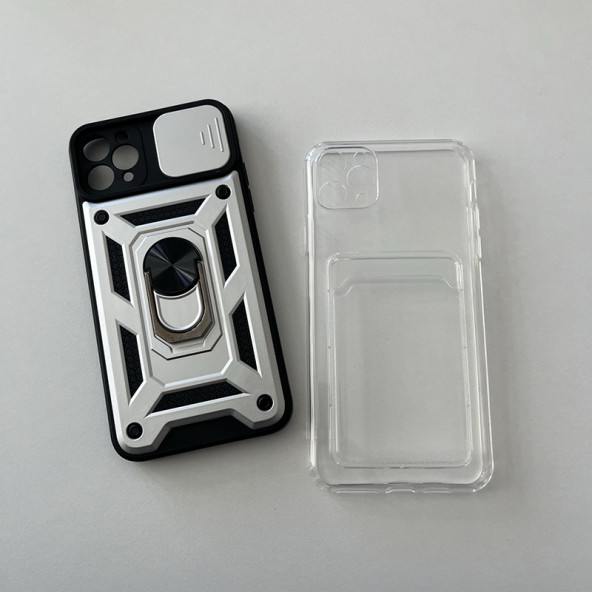 EWP Iphone 11 Pro Max Uyumlu Şeffaf Kartvizit Bölmeli Ve Gümüş Kamera Koruyuculu Zırhlı Silikon Kılıf Seti 11PR.ZRH100