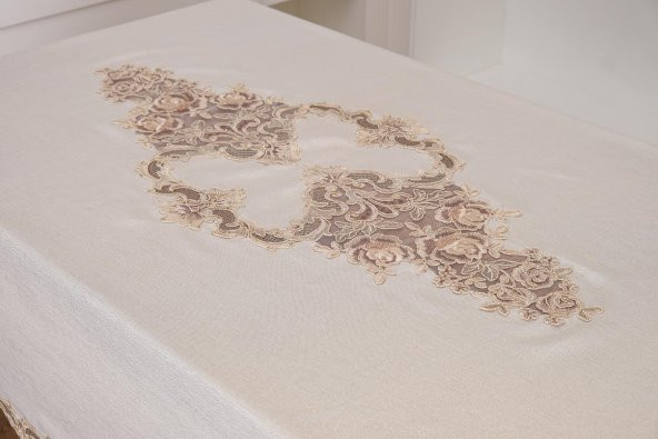 Finezza Henna Lüx Dantelli Simli Keten Kumaş Bej Masa Örtüsü 160x230 cm - 1144 - 2