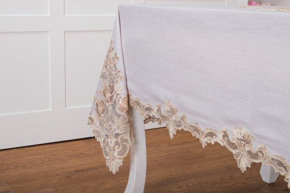 Finezza Henna Lüx Dantelli Simli Keten Kumaş Gri Masa Örtüsü 160x230 cm - 1145 - 3