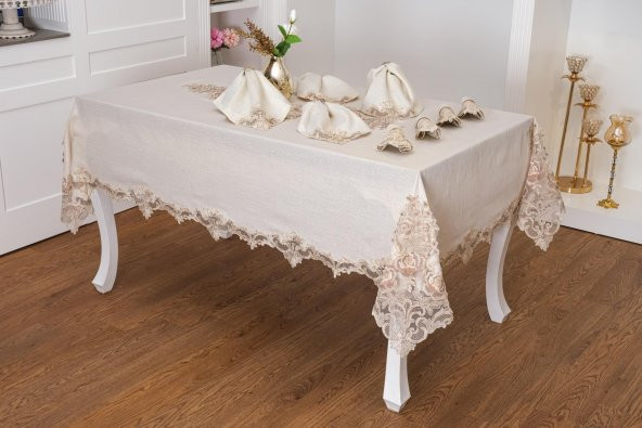 Finezza Henna Güpürlü Keten Bej Sofra Takımı 8 kişilik 160x230 cm 17 Prç. - 1147