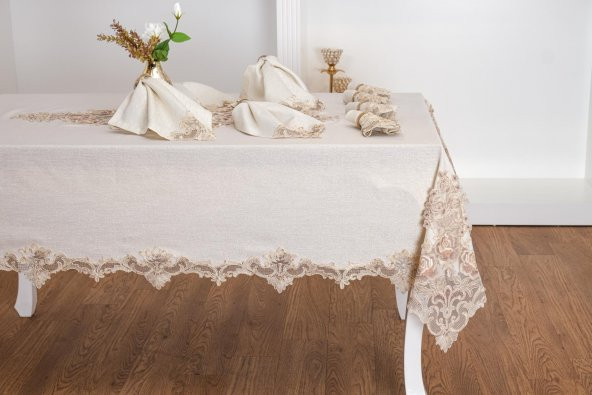 Finezza Henna Güpürlü Keten Bej Sofra Takımı 8 kişilik 160x230 cm 17 Prç. - 1147 - 2