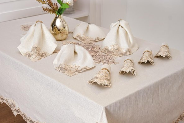 Finezza Henna Güpürlü Keten Bej Sofra Takımı 8 kişilik 160x230 cm 17 Prç. - 1147 - 3