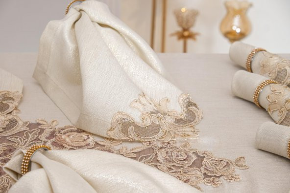 Finezza Henna Güpürlü Keten Bej Sofra Takımı 8 kişilik 160x230 cm 17 Prç. - 1147 - 6