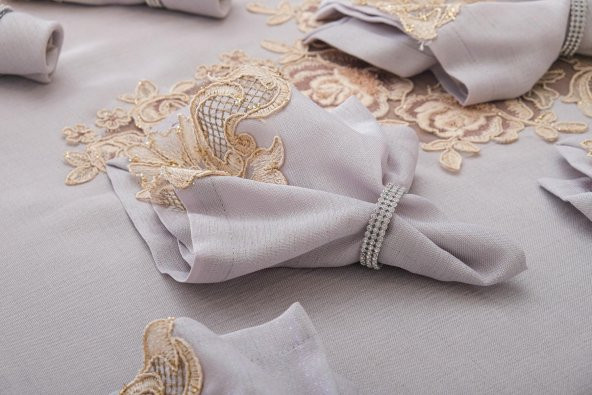Finezza Henna Güpürlü Keten Gri Sofra Takımı 8 kişilik 160x230 cm 17 Prç. - 1148 - 2