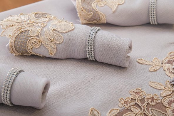 Finezza Henna Güpürlü Keten Gri Sofra Takımı 8 kişilik 160x230 cm 17 Prç. - 1148 - 3